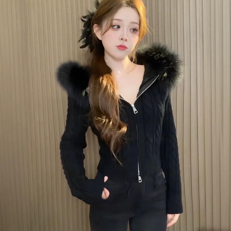 Áo len có mũ viền lông ,áo len thừng tay dài dáng body hàng qc 3 màu Nữ Women Dress Top tết giáng sinh aokhoac nude