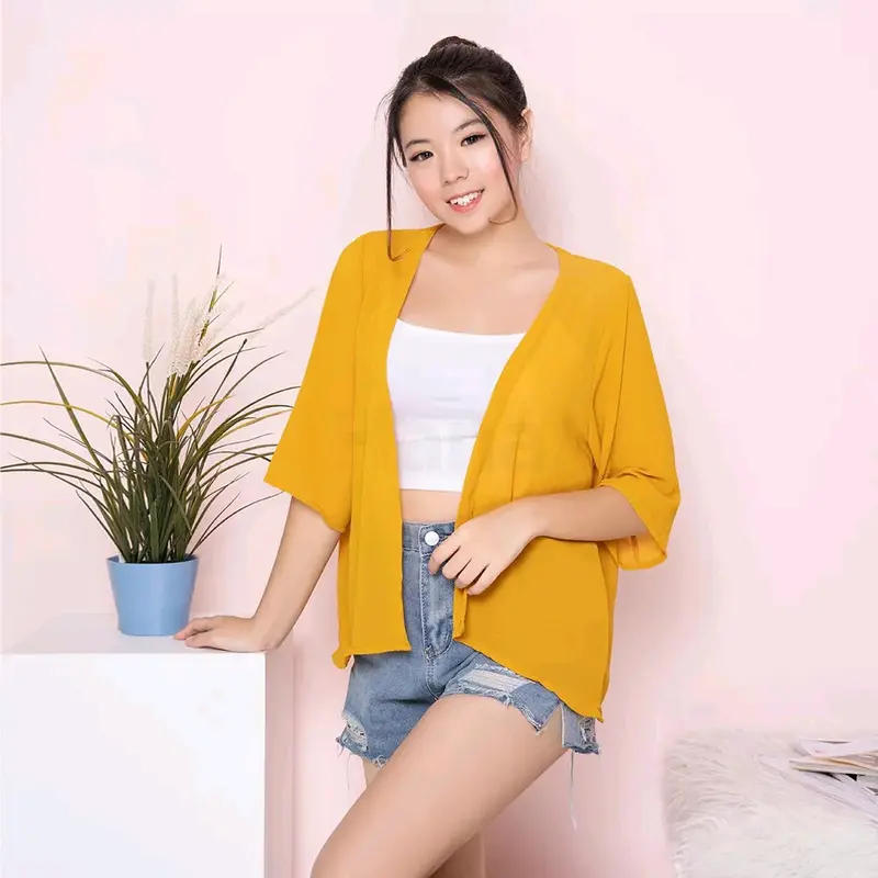 Hana Outer Fashion Atasan Cardigan Wanita Polos Terbaru Lucia Basic Baju Model Korea Sytle Panjang Pita Oversize Top Blazer Casual Hanya Boleh Dicuci Dengan Tangan Yellow Kimono 0