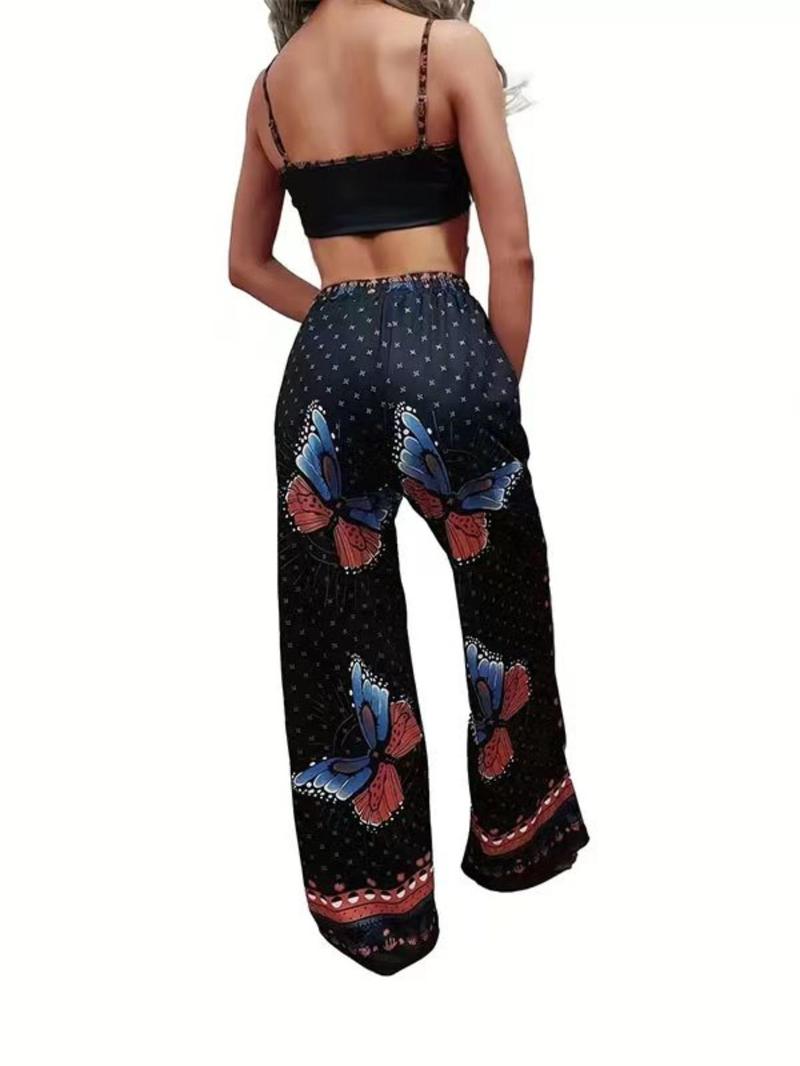 Product Introduction of Women's Butterfly Print Crop Cami Top & Tie Front High Waist Pants Set, Boho Spaghetti Strap Ruched Top & Wide Leg Pants, Ladies Summer Clothes 2