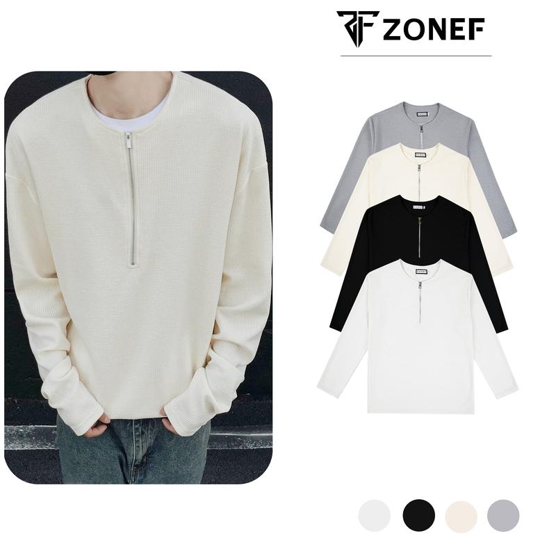 [ COMBO 2 Áo Thun Trơn Cổ Zip ] Dài Tay chất liệu cotton tổ ong Basic- Áo Thun Nam Nữ Thu Đông Menswear Cổ Zip