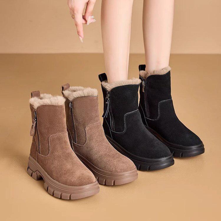 Red Qingying Brand Thick Bottom Fur Lined Martin Boots Women's Winter Snow Boots Anti Slip Warm Casual Short Tube Boots 2