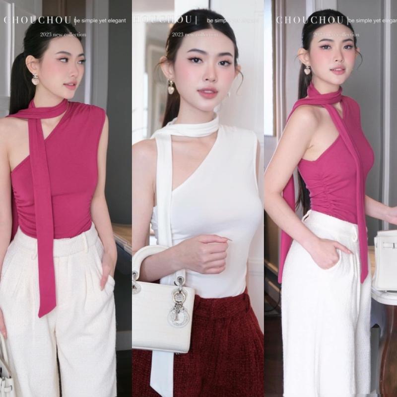 Áo lệch vai kèm dây choàng cổ chất thun nhũ cao cấp