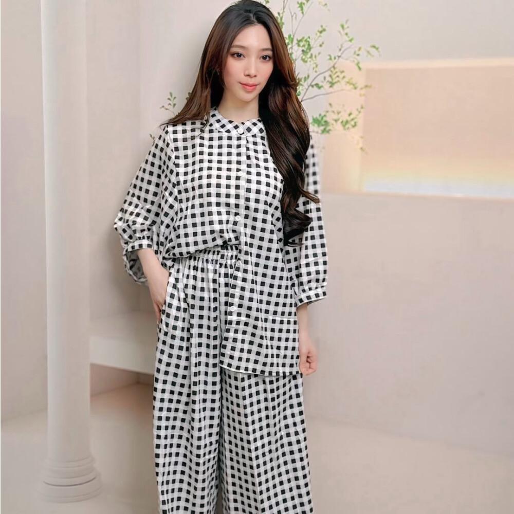 [clearance] FADFAD New set of women's casual fashion plaid lapel wide-leg pants in artful Japanese cotton and linen two-piece set