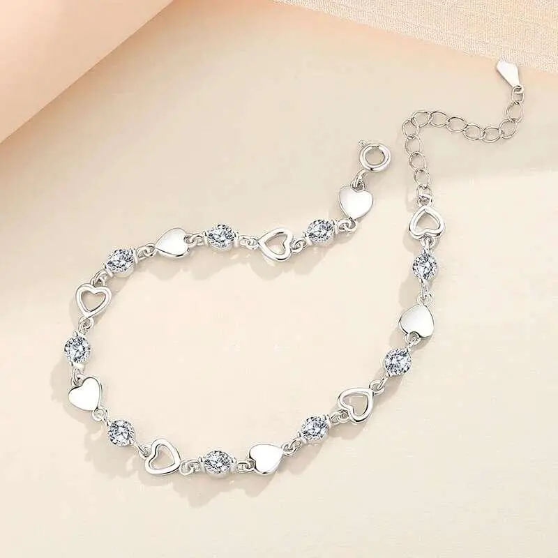 Sterg Sier Hollow Heart Zircon Bracelets For Women Korean Sweet Sparkg Adjustable Chain Bracelet Fashion Jewelry
