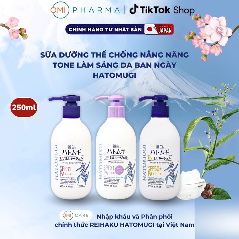 Sữa Dưỡng Thể Chống Nắng Dưỡng Ẩm Da Nâng Tone Reihaku Hatomugi UV Milky Gel SPF50+ PA++++ 250ml