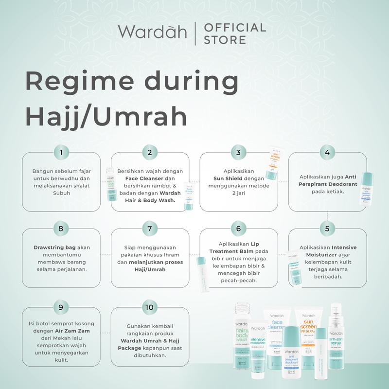Wardah Umrah & Hajj Package - Paket Haji dan Umroh - Hair and Body Wash, Face Cleanser, Sunscreen SPF 50 PA+++ , Anti Perspirant Deodorant, Moisturizer, Lip Treatment Balm, ZamZam Water Spray 5