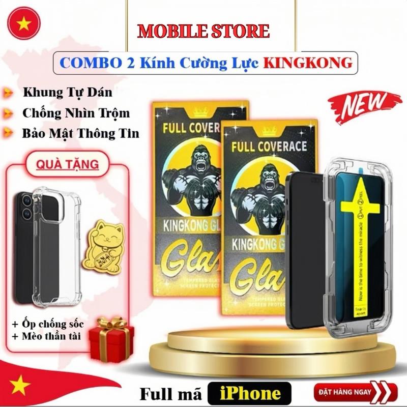 Combo 2 Kính cường lực tự dán KINGKONG chống nhìn trộm full màn Iphone x xs xr 11 12 13 14 15 pro max plus, Phụ kiện miếng dán bảo vệ màn hình Kèm quà tặng 1 Ốp chống sốc + 1 mèo thần tài - Cuong luckingkong
