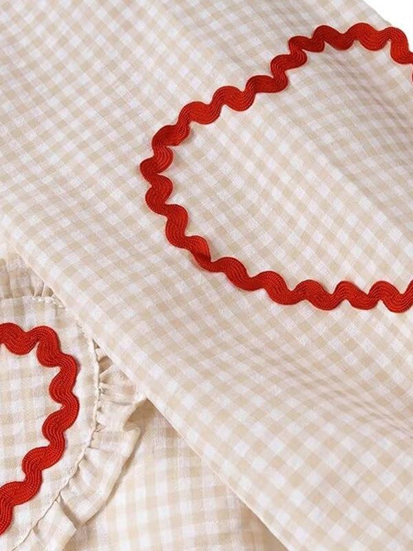 Women's Gingham Print Heart Patched Frill Trim Tie Front Blouse, Casual Checkered Print Drop Shoulder Long Sleeve V Neck Top for Fall & Winter, Women's Clothes for Daily Wear 7
