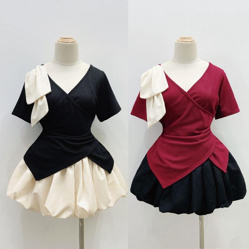 Set bộ Bigsize Nữ áo kiểu cổ tim vạt xẻ kèm chân váy bí ngô dáng bồng có quần bảo hộ vải mềm mát co giãn- SET947