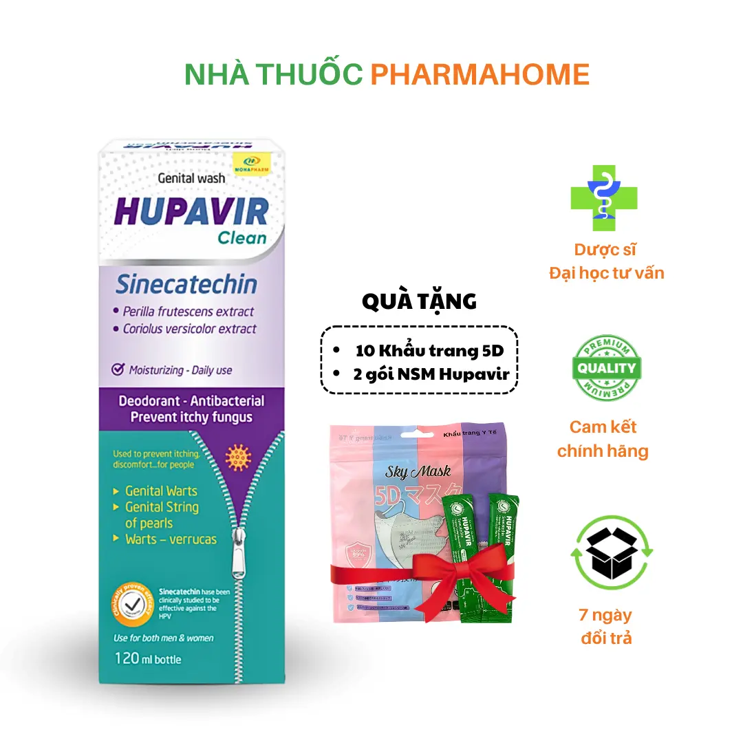 [Che tên - Tặng quà] Dung dịch vệ sinh Hupavir Sinecatechin Clean chính hãng, hỗ trợ herpes, chuỗi hạt ngọc, sùi mào gà, gai dành cho cả nam và nữ - 120ml
