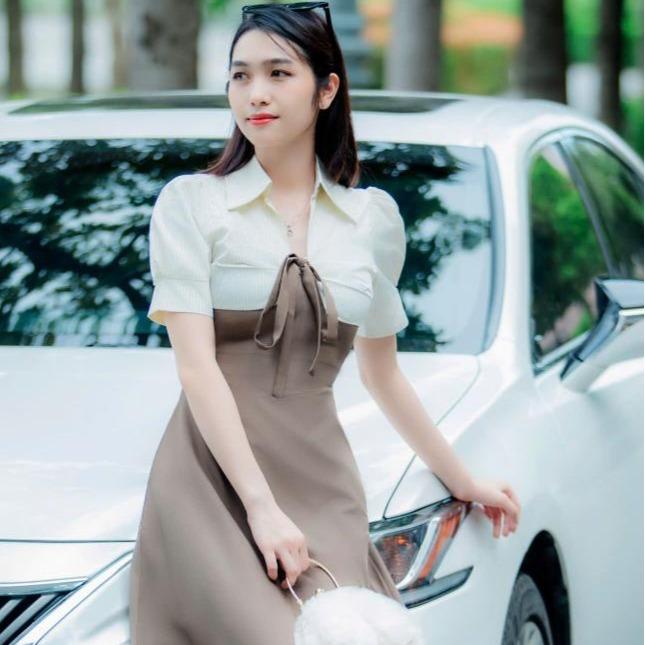 Đầm dự tiệc nữ tay ngắn phồng phối cổ sơ mi tiểu thư, váy đầm dáng dài xòe vải cotton lạnh cao cấp - RABITSWHITE 0