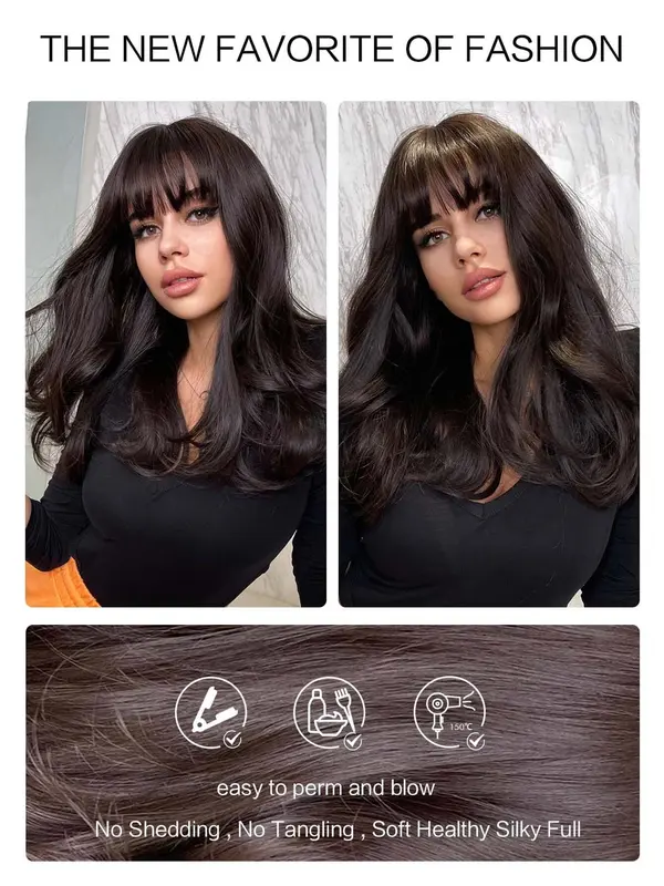 Natural Looking Long Body Wavy Wigs for Women, Gorgeous Fluffy Wigs with Air Bangs, Synthetic Full Machine Wigs for Party Photography, Daily Use 4