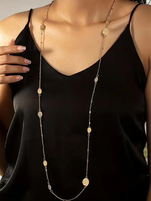 Women's Summer Elegant Rhinestone Decor Chain Necklace, Exquisite Trendy Long Necklace, Chic Vintage Jewelry As Gift for Women & Girls 0