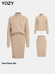 YOZY Two-piece Set Women's Solid Color Sweater Co-ord, Elegant Fashion Casual Long Sleeve Cable Knit Jumper & Split Thigh Skirt for Daily Outdoor Wear, Women Clothing for Fall & Winter