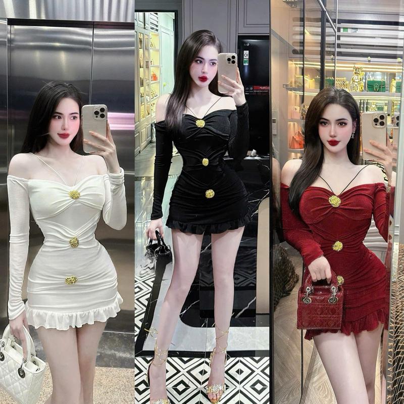 Váy đầm nữ body dáng ôm trễ vai tay dài đinh phụ kiện