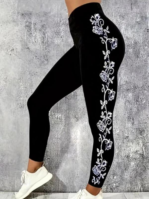 Women's Floral Print High Waist Leggings, Elegant Comfy Skinny Pants for Daily Wear, Ladies Bottoms for All Seasons 0