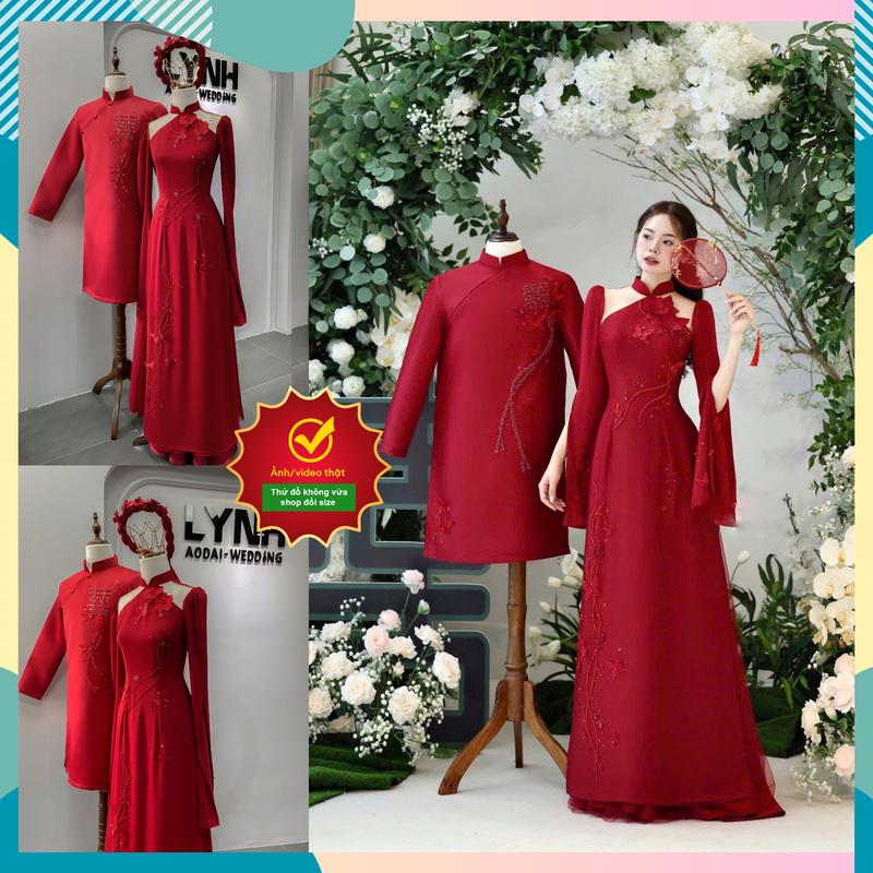 Cặp áo dài cô dâu sẻ 2 bờ vai TAY DÀI quyến rủ sang trọng - Áo Dài Lynh