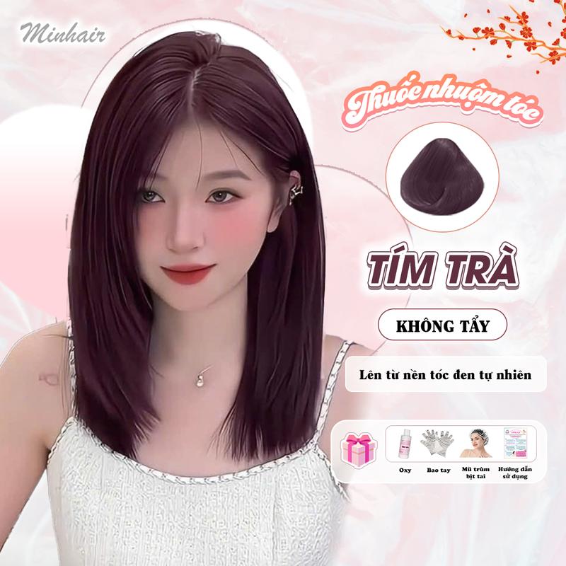 Thuốc Nhuộm tóc Tím Trà, Tặng kèm oxy trợ dưỡng và bao tay, bịt tai, trùm đầu, Minhair Nam Nữ Đổi Màu Tóc Women Serum