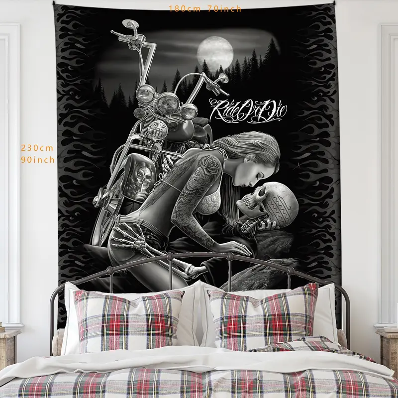 Halloween Motorcycle & Couple Pattern Tapestry, Halloween Decor Gothic Style Wall Hanging, Wall Decor for Home Living Room Bedroom Office Dormitory, Valentine's Day Gift Idea 5