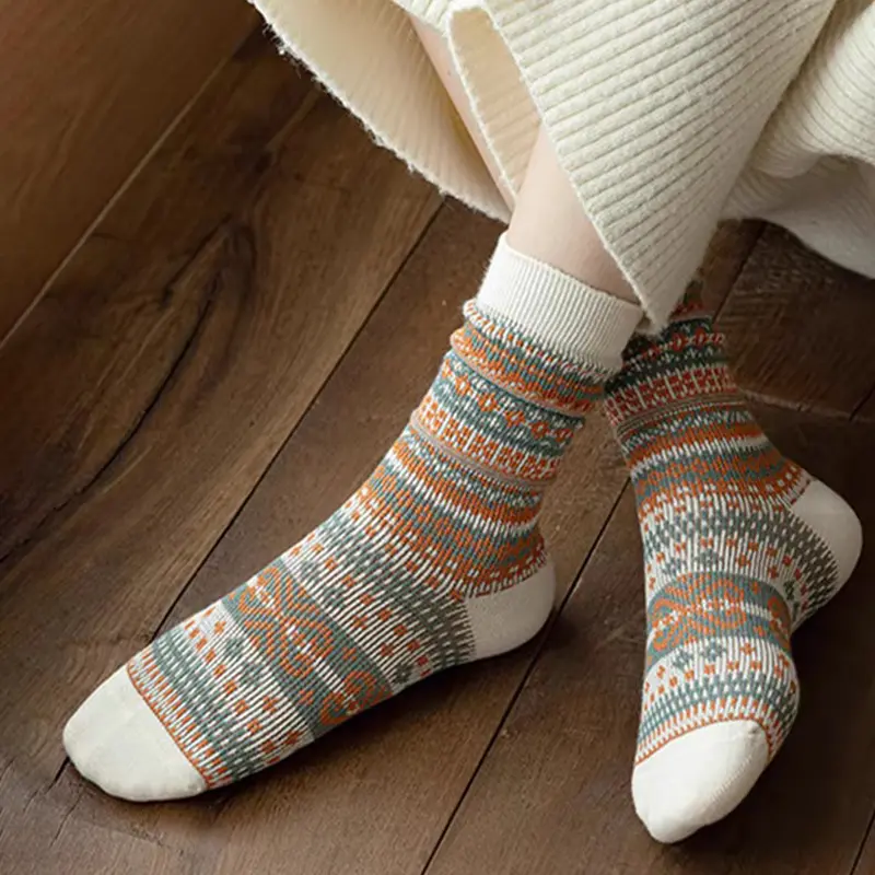 Japanese Retro Ethnic Style Maillard Fair Island Warm Knitted Socks For Women