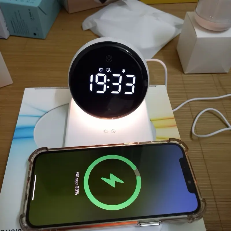 Đế Loa Bluetooth + đồng hồ - kết hợp sạc không dây 15w và đèn ngủ Nghe Nhạc Củ Loa 6