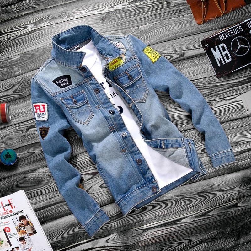 Jaket Jeans Pria Model Tempel Full Bordiran Bahan Denim Leher Kerah Tinggi 3