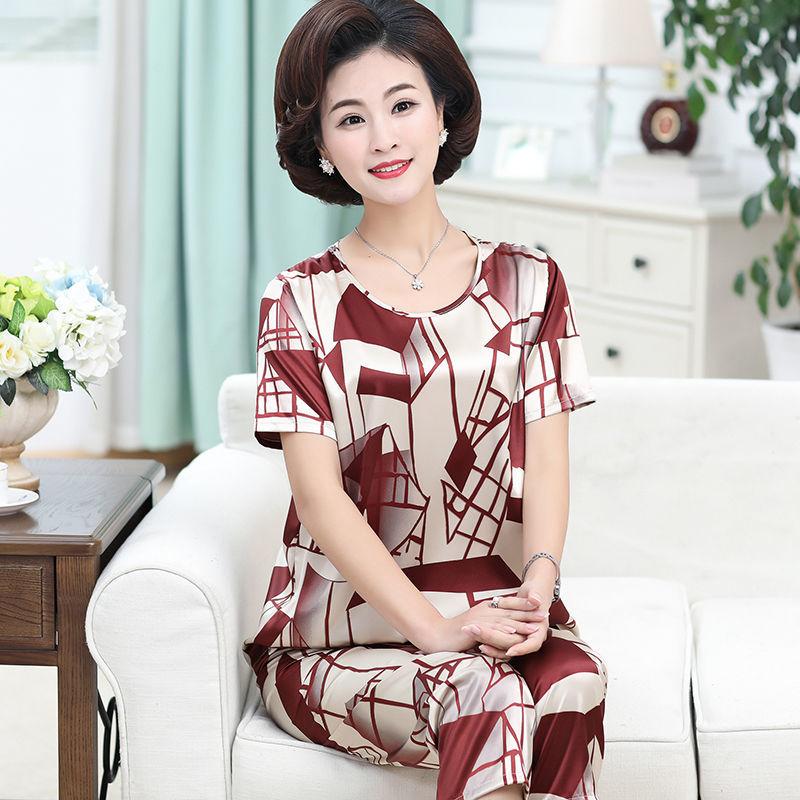 Đồ Ngủ Cho Mẹ TRUNG NIÊN, Đồ Mặc Nhà Mùa Hè, Chất Liệu Lụa Nhân Tạo, ngắn Tay, Dáng Rộng Vừa Vặn, Ngoại Cỡ, Thích Hợp Cho Phụ Nữ Trung Người Già Và Cao Tuổi, Làm Bằng Lụa Lạnh 4