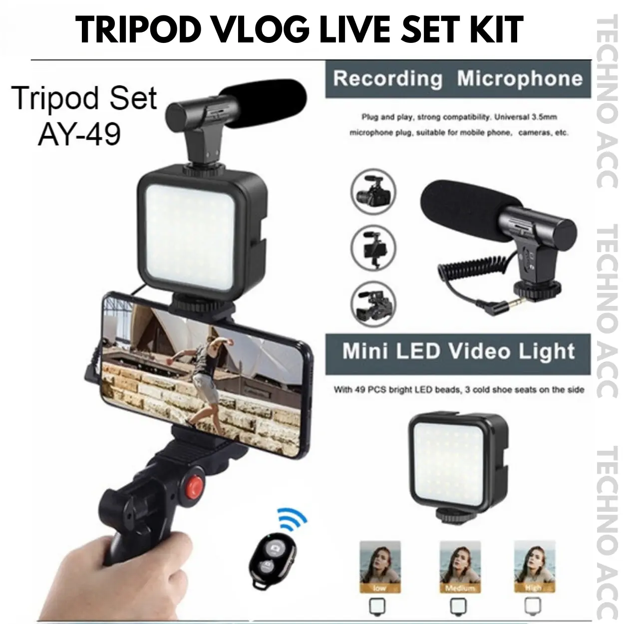 Tripod Hp Set Microphone dan Remote AY-49 Zona Import Holder Led Handphone Bluetooth
