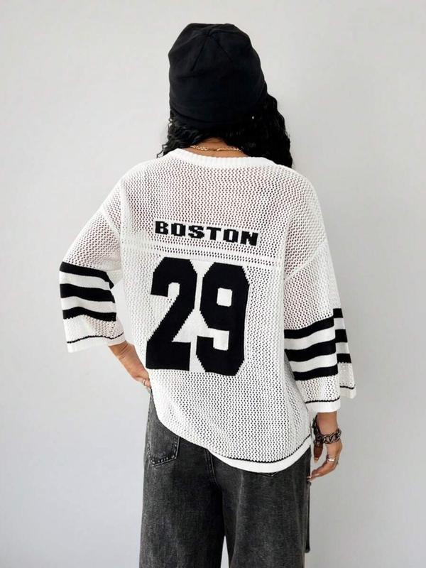 Women's Figure Print Hollow Out Sweater, Casual  V Neck 3/4 Sleeve Jumper for Summer, Fashion Women's Knitwear for Daily Wear 1