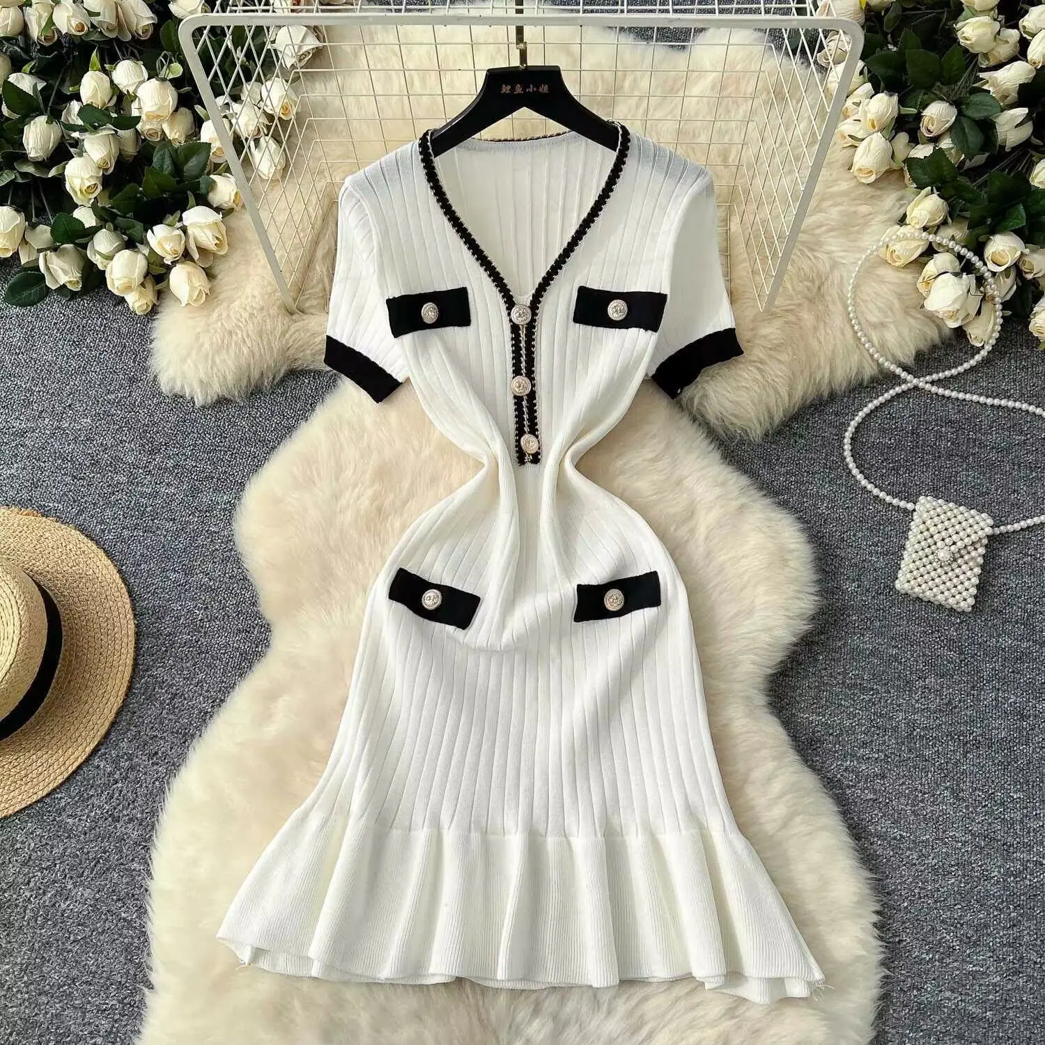 gold button knit dress Irma Gold Button Knit Mini Dress Black main image 1