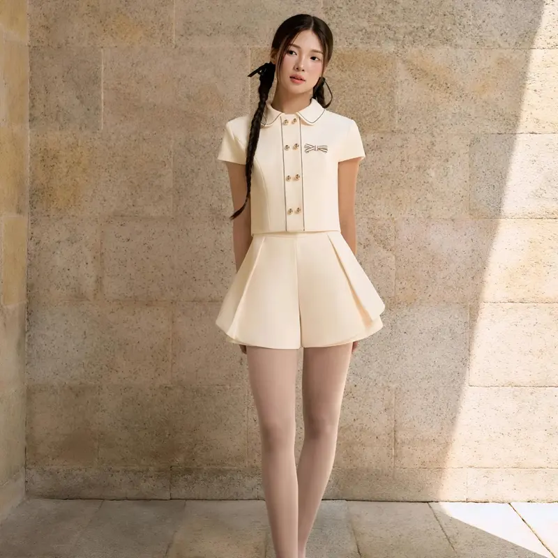 Set bộ đồ nữ áo croptop cổ sen đính nơ phối quần váy form xòe bồng cách điệu tiểu thư Linly Store 7
