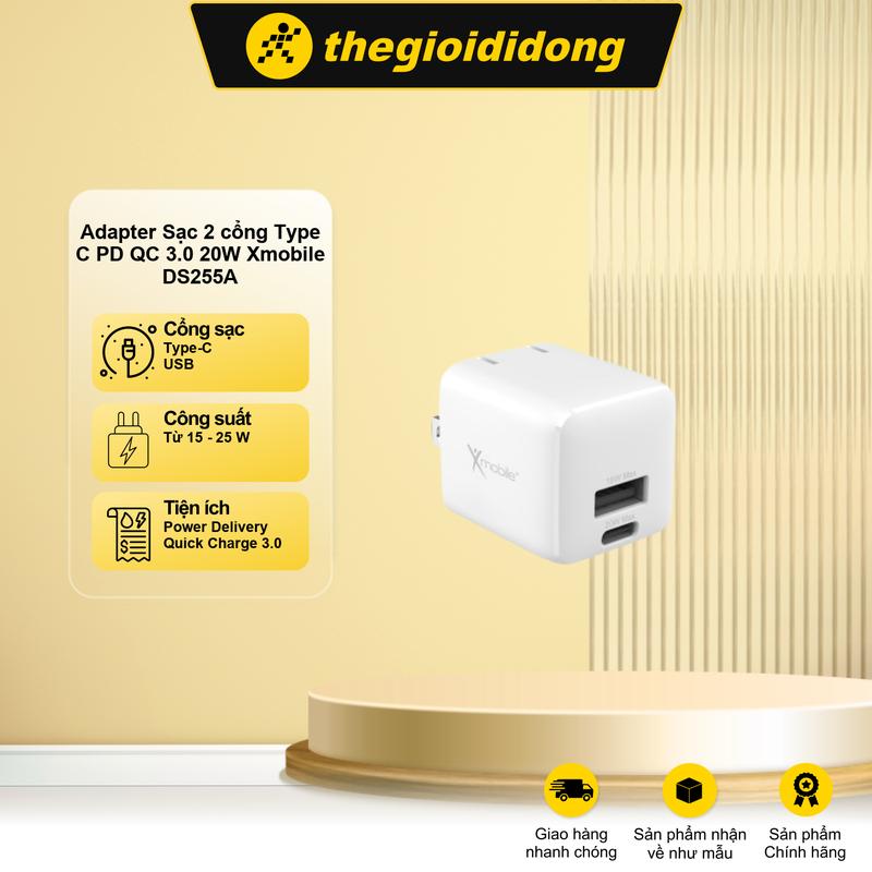 Adapter Sạc 2 cổng Type C PD và USB QC 3.0 20W Xmobile DS255A