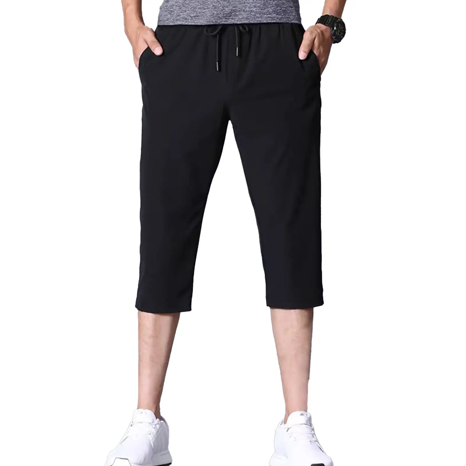 XIN TREE Shop 3/4 Capri Pants Solid Color Stretchy Men Drawstring Pockets Cropped Trousers for Sports