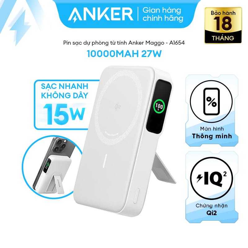 Pin sạc dự phòng Anker Maggo từ tính không dây 10.000mAh sạc nhanh 27W - 1 cổng USB-C (15W Ultra-Fast Magsafe | Đạt chứng nhận Qi2 | Chân đế | Màn hình LED thông minh tuỳ biến - A1654