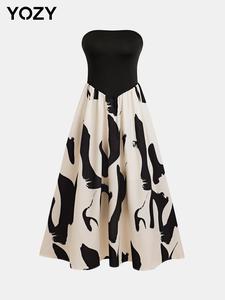 YOZY Women's Brush Print Tube A Line Dress, Elegant Strapless Midi Dress for Party Holiday Wedding Guest, Ladies Summer Clothes