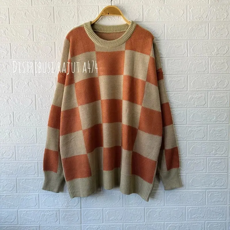 Anjani sweater rajut motif kotak atasan wanita korea lengan panjang Knitwear Fit Tangan 4