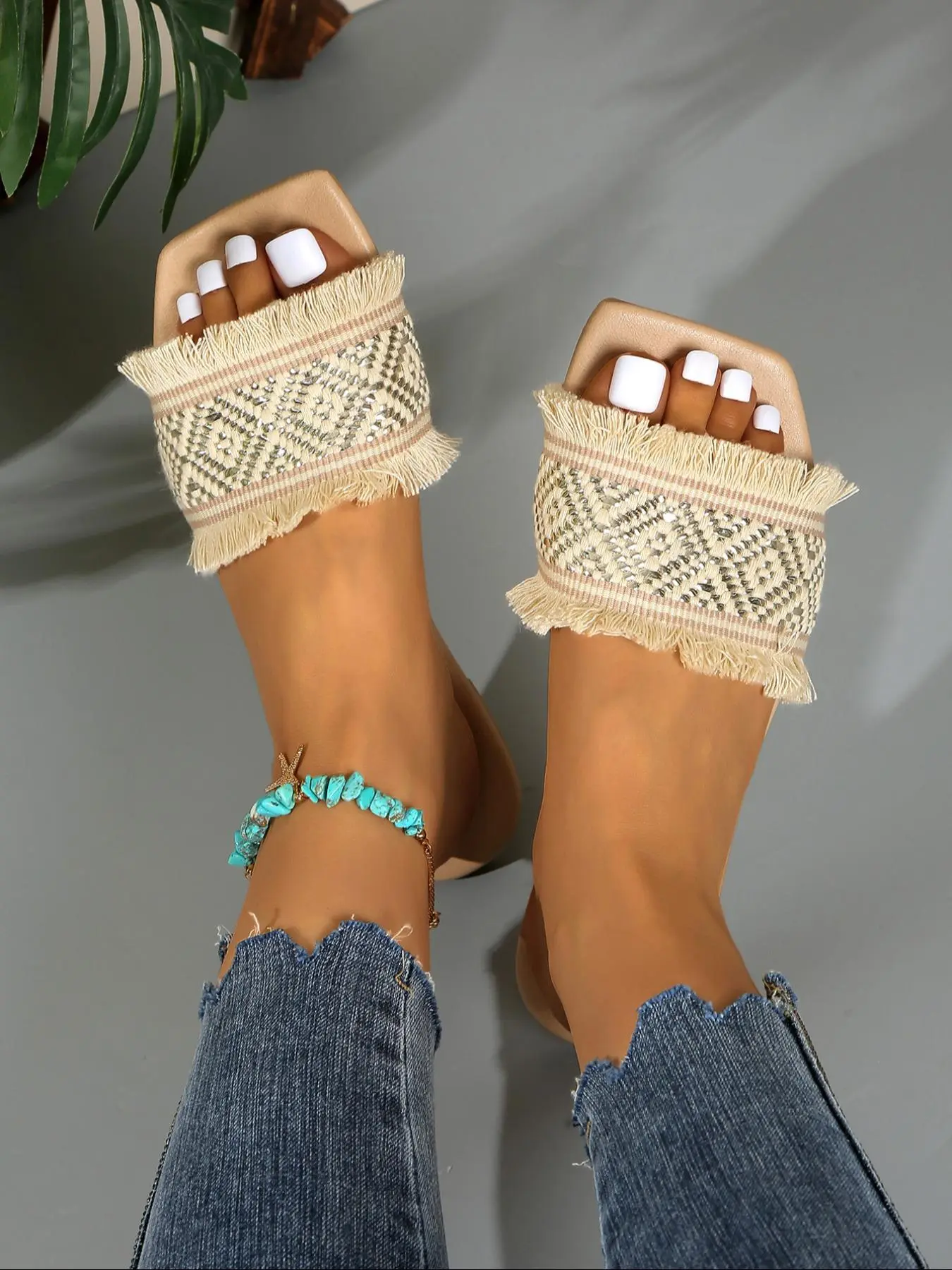 Women's Fashionable Ethnic Pattern Slip on Sandals, Boho Style Open Toe Sandals for Beach Vacation, Lightweight Breathable Comfortable Flat Sandals for Daily Wear, Walking Shoes