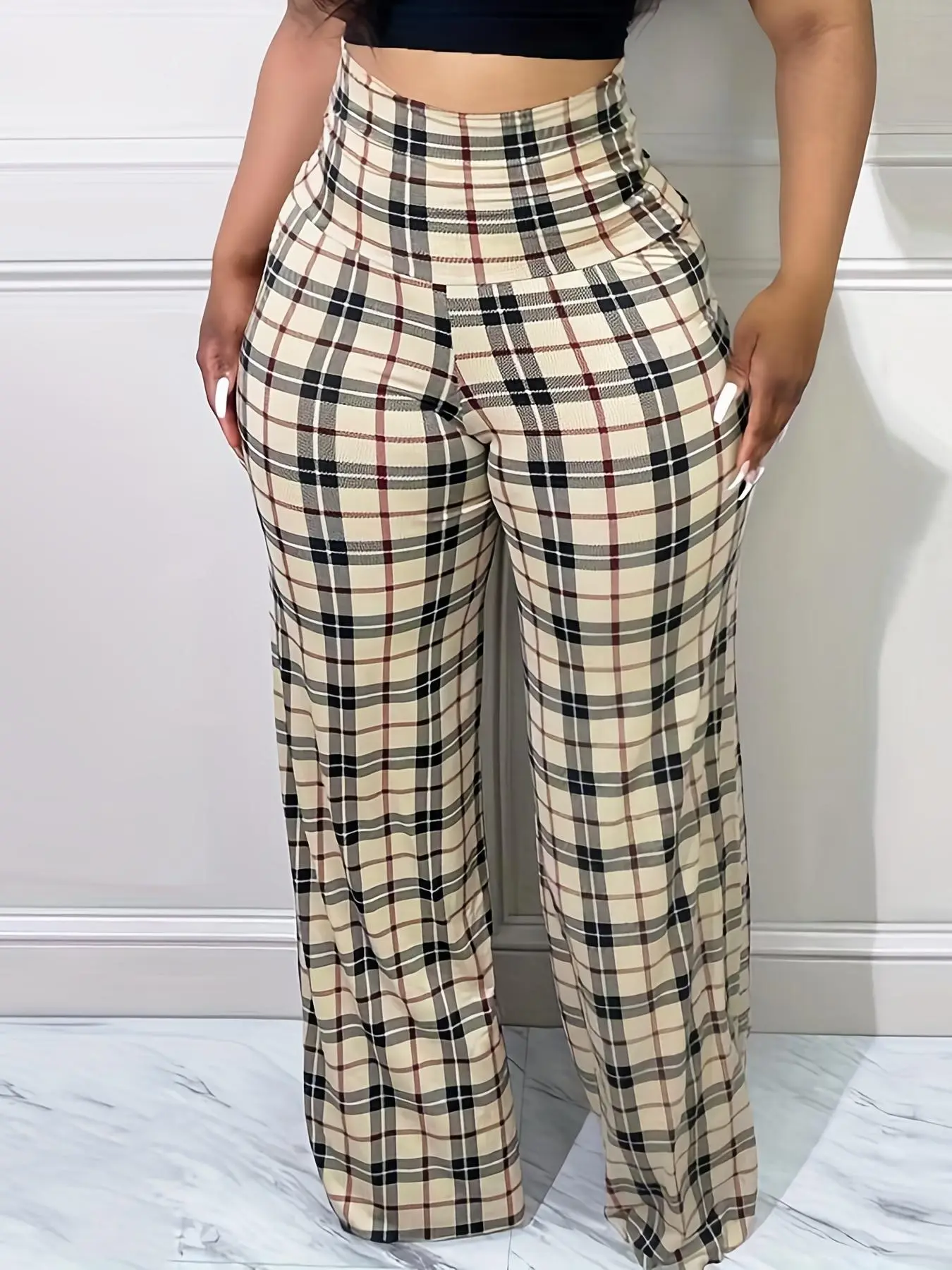 Women's Houndstooth / Plaid Print Elastic Waist Wide Leg Pants, Casual Comfy Trousers for Spring & Fall, Women's Bottoms for Daily Wear