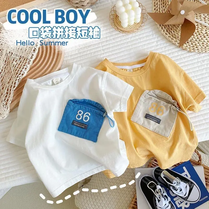 Áo Thun Ngắn Tay, Chất Liệu Cotton, Cho Bé Trai, Màu Trơn Thích Hợp Cho Mùa Hè, Thiết Kế Hoạt Hình, Quần Áo Trẻ Em, Áo Nam Tay Lửng Mùa Hè