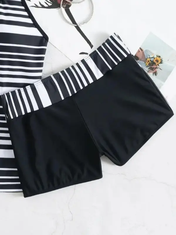 Women's Striped Print Camisole & High Waist Shorts Tankini Set, Adjustable Strap Swim Top & Skinny Bottom, Women's Swimwear For Summer Beach Holiday 4