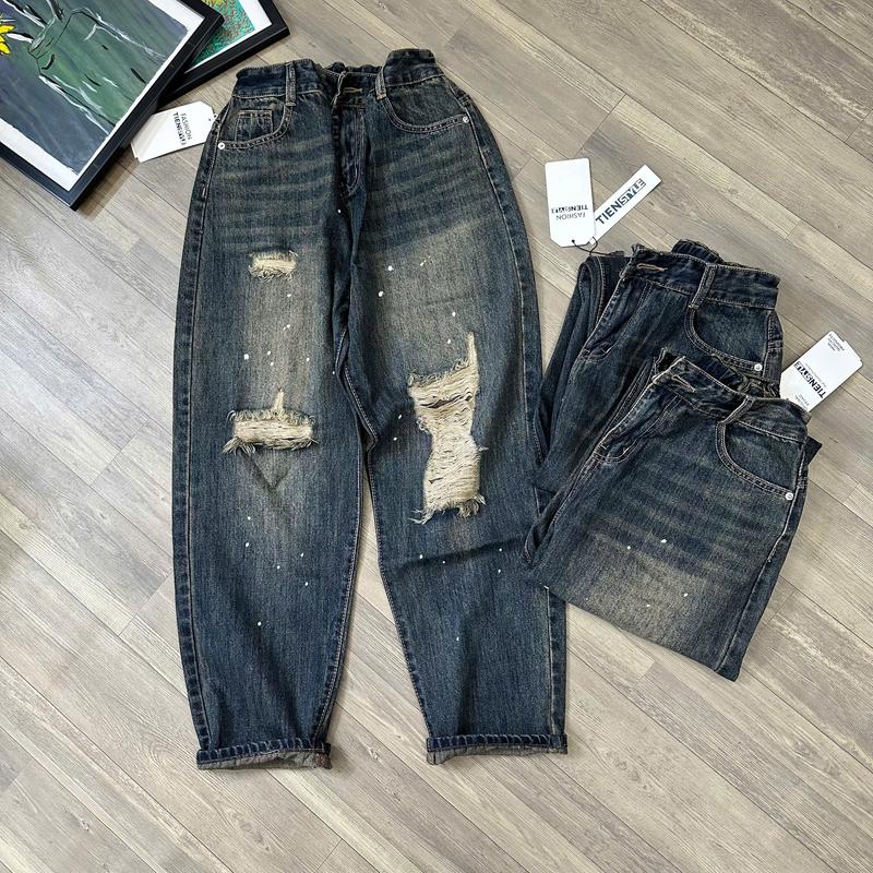 (BIGSIZE 80KG) Quần Jean Nữ Baggy Rách Gối Vẩy Sơn Chun Lưng Bigsize, Quần Boy Nữ Size Đại