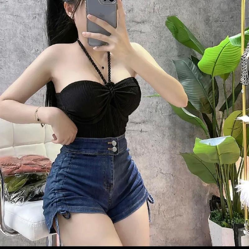 Áo croptop nữ kiểu cổ yếm phối dây chéo cổ ôm body chất vải thun xốp Quảng Châu 4 chiều FreeSize Voan Jean mã 078