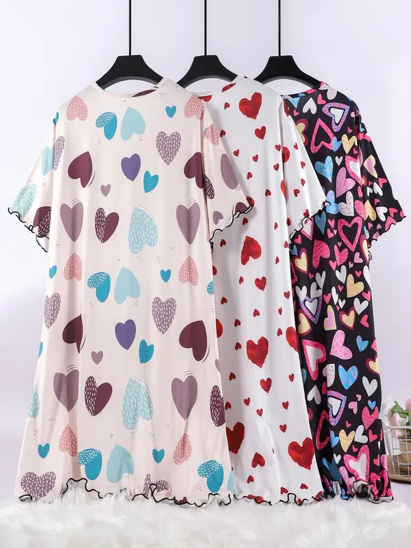 【Plus Size】 Heart Print Nightdress, Casual Comfy Short Sleeve Nightgown for Women, Women's Sleepwear for Summer, Loungewear 1