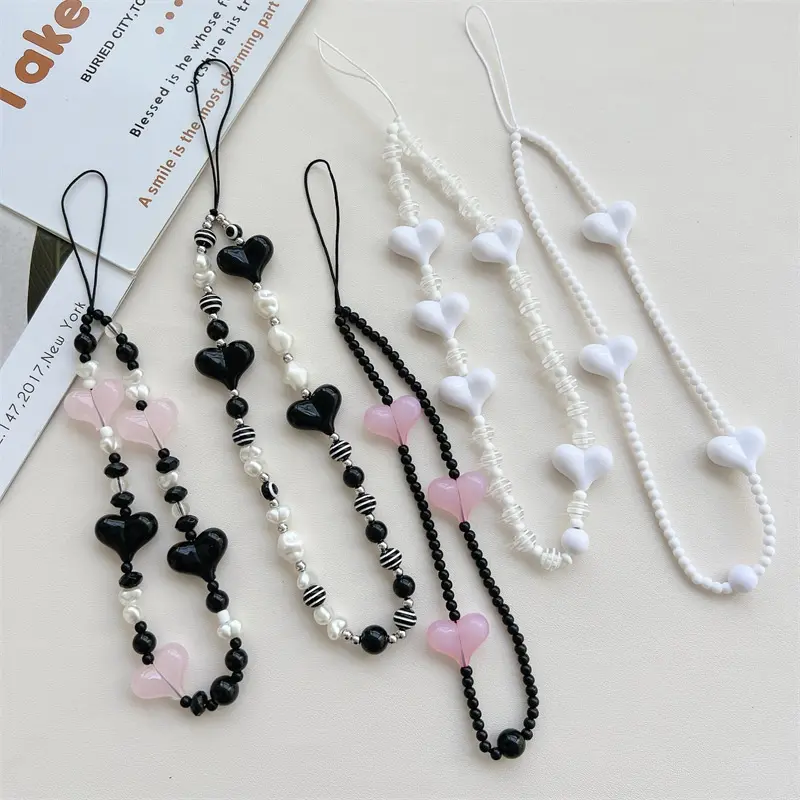 Creative Devil's Eye Heart Black and White Striped Beaded Phone Chain Anti-Lost Phone Case Lanyard Accessories Camera Pendant