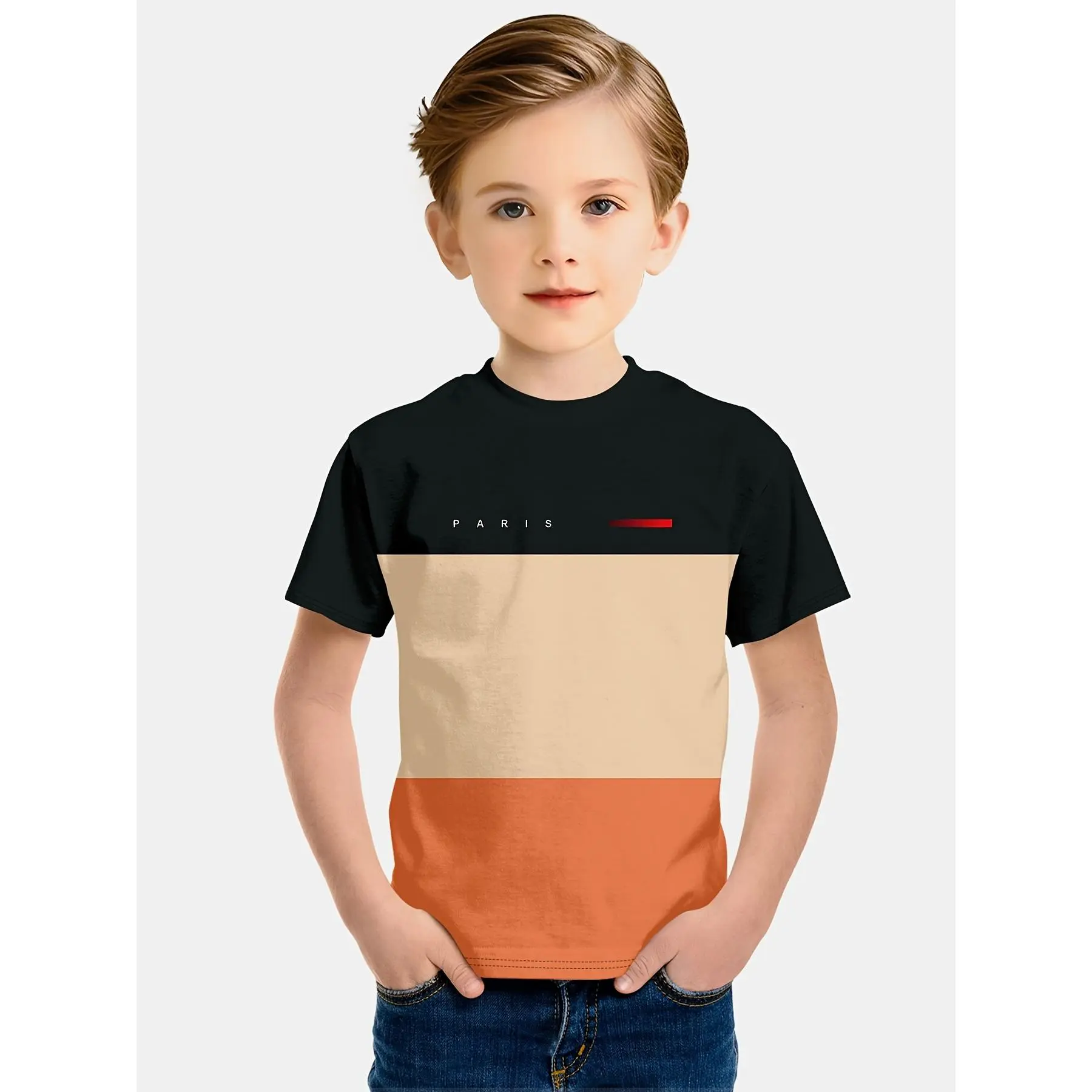 Kemeja-T Cetakan 3D Paris, Fesyen Lelaki, dengan Kesan Kontras, Gaya Kasual, Leher Bulat, Lengan Pendek, Sesuai untuk Musim Panas, Aktiviti Luar