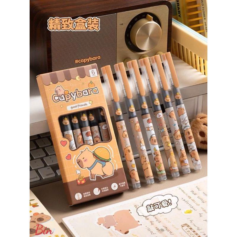 Hộp 6 chiếc bút mực ĐEN tẩy được hình Capybara, gấu trúc, HỘP 6 BÚT CÓ ĐẦU TẨY, BÚT KIM CAPYBARA, BÚT VIẾT CHO HỌC SINH, SINH VIÊN, DÂN VĂN PHÒNG, BÚT KÝ, BÚT NGÒI NHỎ QH22 7