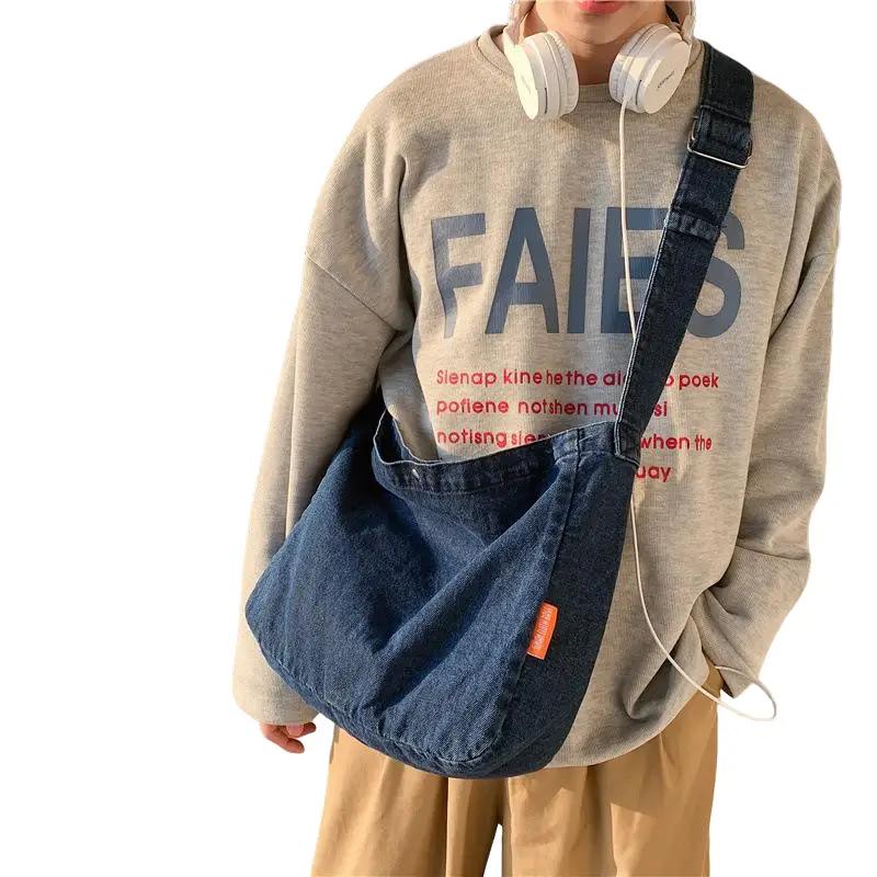 Túi đeo chéo vải denim Hàn Quốc dành cho nam giới, túi đeo vai dung tích lớn Harajuku , túi đeo vai Nhật Bản Retro giản dị Hobo, túi đeo chéo Messenger Bag túi  vintage  nam