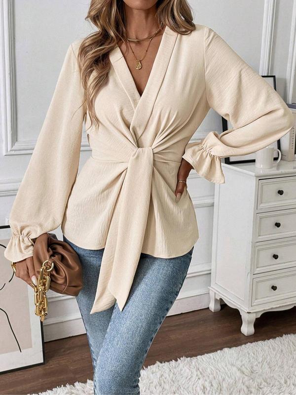 Women's Plain Open Front Blouse, Elegant Flounce Sleeve Tie Front Top for Work Office Business, Ladies Clothes for Fall & Winter 4