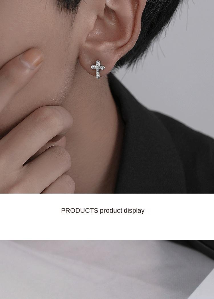 Product Introduction of Bông tai đinh tán chữ thập nhúng R dành cho nam và nữ, cao cấp, ruan, Màu bạc Sterling đẹp trai, hợp thời trang, phong cách Mỹ, dành cho bé trai và phụ nữ 12