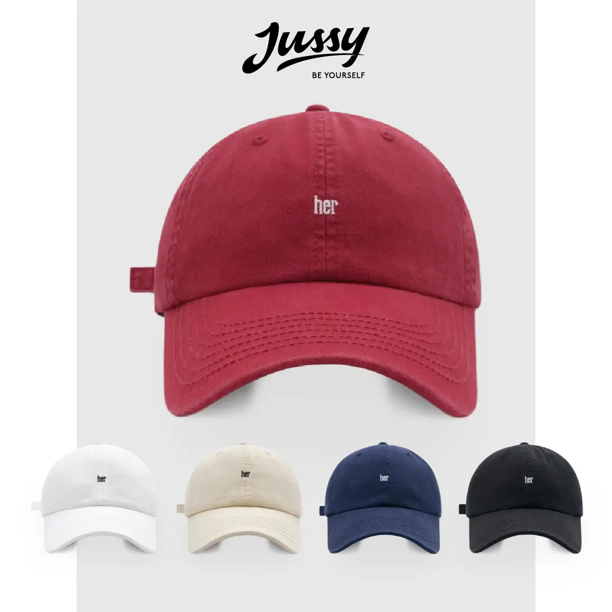 Jussy Mũ Lưỡi Trai Nam Nữ Jussy Official Thêu Chữ Her Form Mềm Thời Trang Hàn Quốc Cotton Hat Chất Liệu Kaki Cotton Thoáng Mát